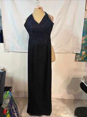 Scala Navy Beaded Halter Maxi Gown